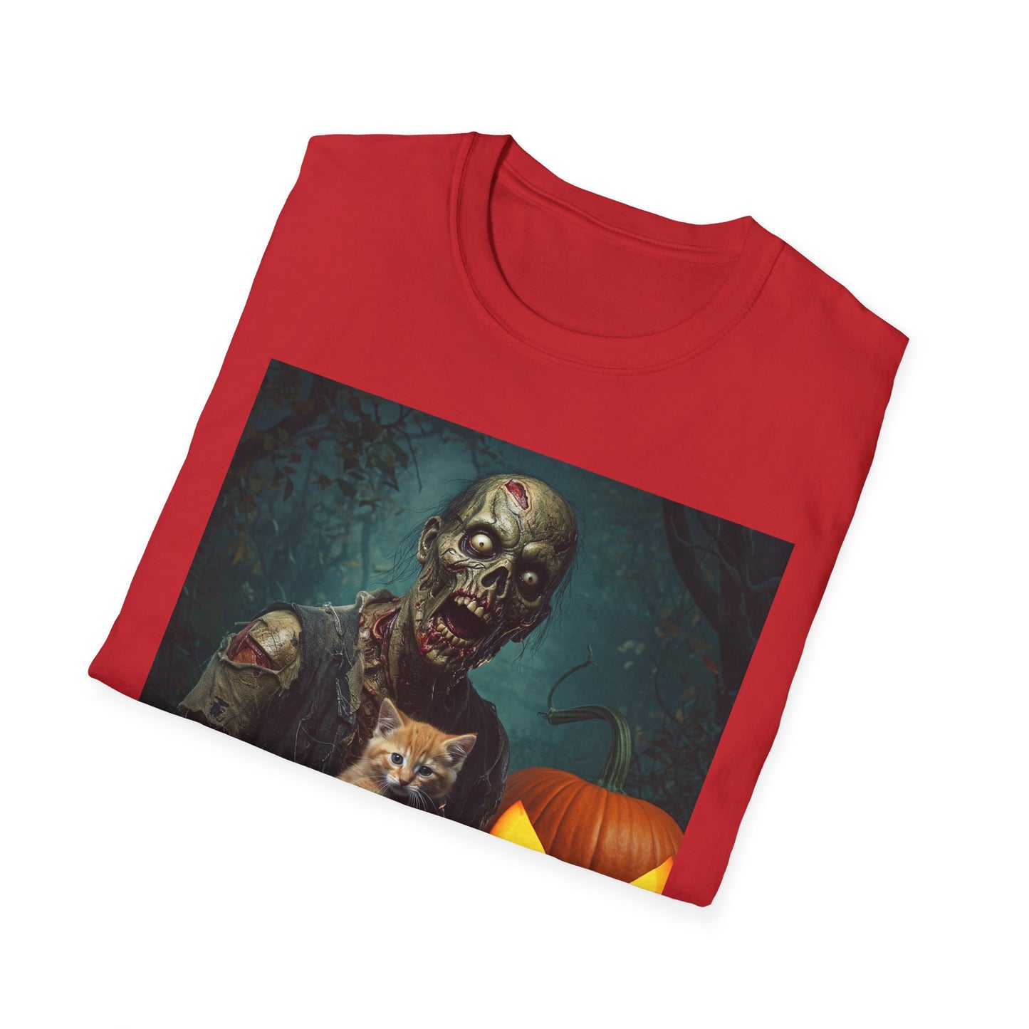 Spooky Cat and Zombie Unisex Softstyle T-Shirt for Halloween