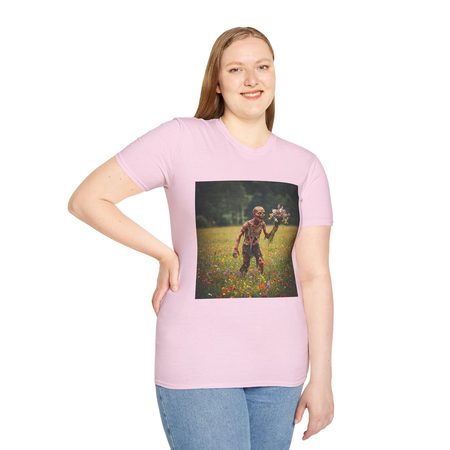 Zombie in Bloom Unisex Softstyle T-Shirt – Perfect for Halloween and Unique Gift Ideas