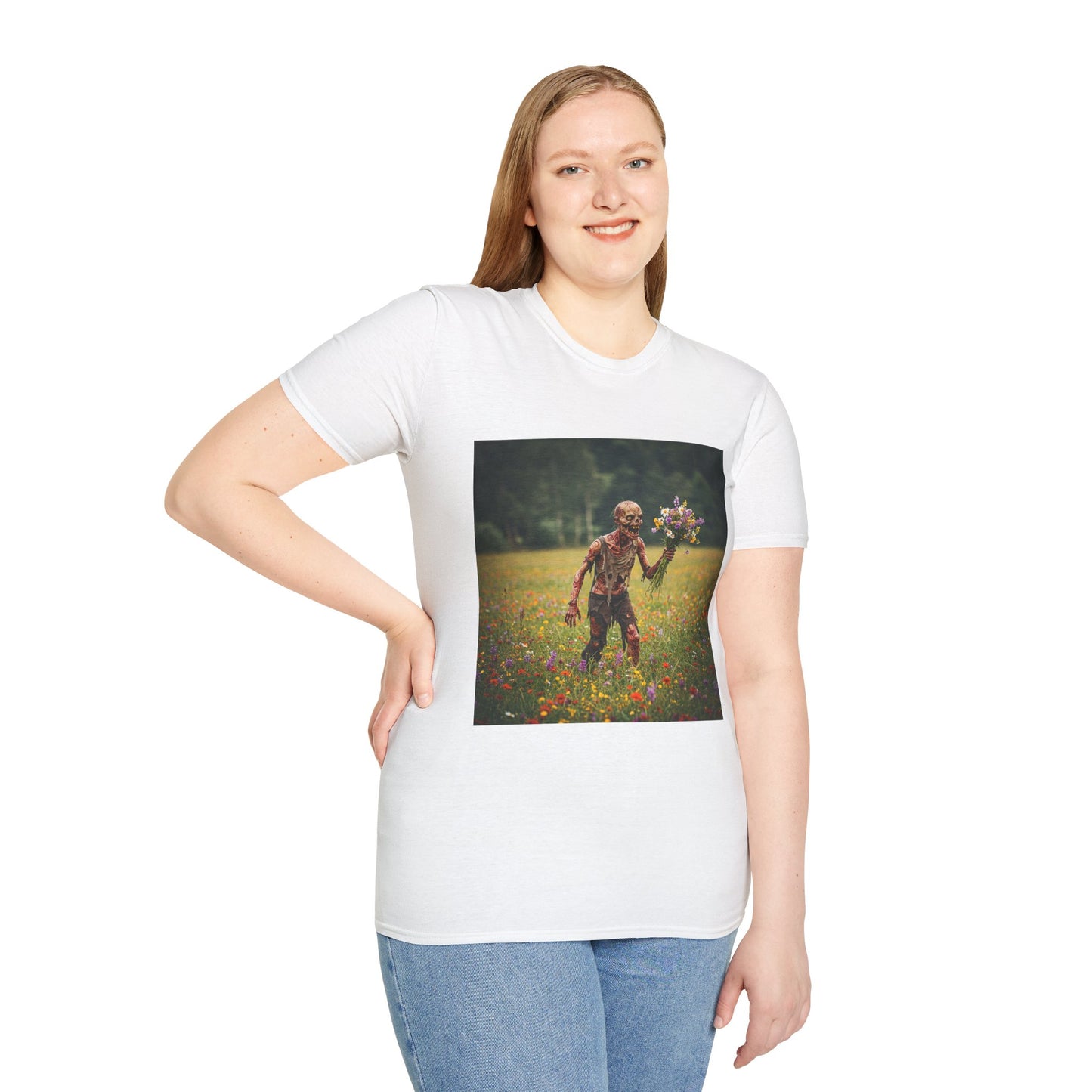 Zombie in Bloom Unisex Softstyle T-Shirt – Perfect for Halloween and Unique Gift Ideas