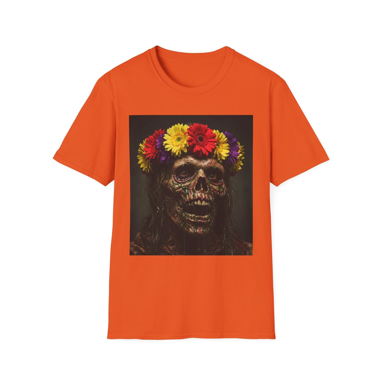 Day of the Dead Floral Skull Apocalyptic Portrait Tee, bold, decaying zombie graphic